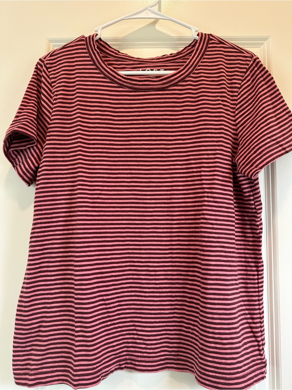 LOFT Rose Pink and Black Striped Short Sleeve Tee